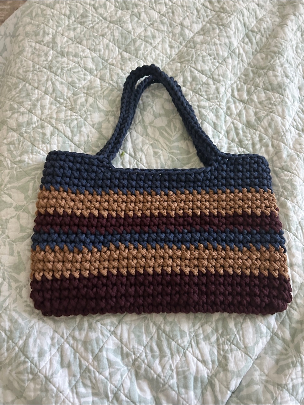 Handwoven Striped Crochet Tote Bag - Navy, Tan & Burgundy